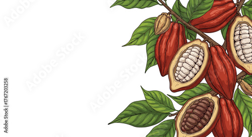 Illustration of ripe cocoa pods and beans growing on a branch with green leaves.