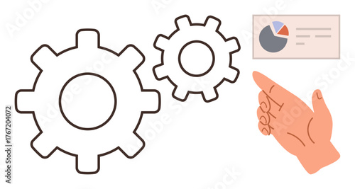 Hand gesturing toward gears and pie chart suggests teamwork, mechanics, workflow, analysis, innovation, productivity, decision-making. Ideal for collaboration themes, simple flat metaphor