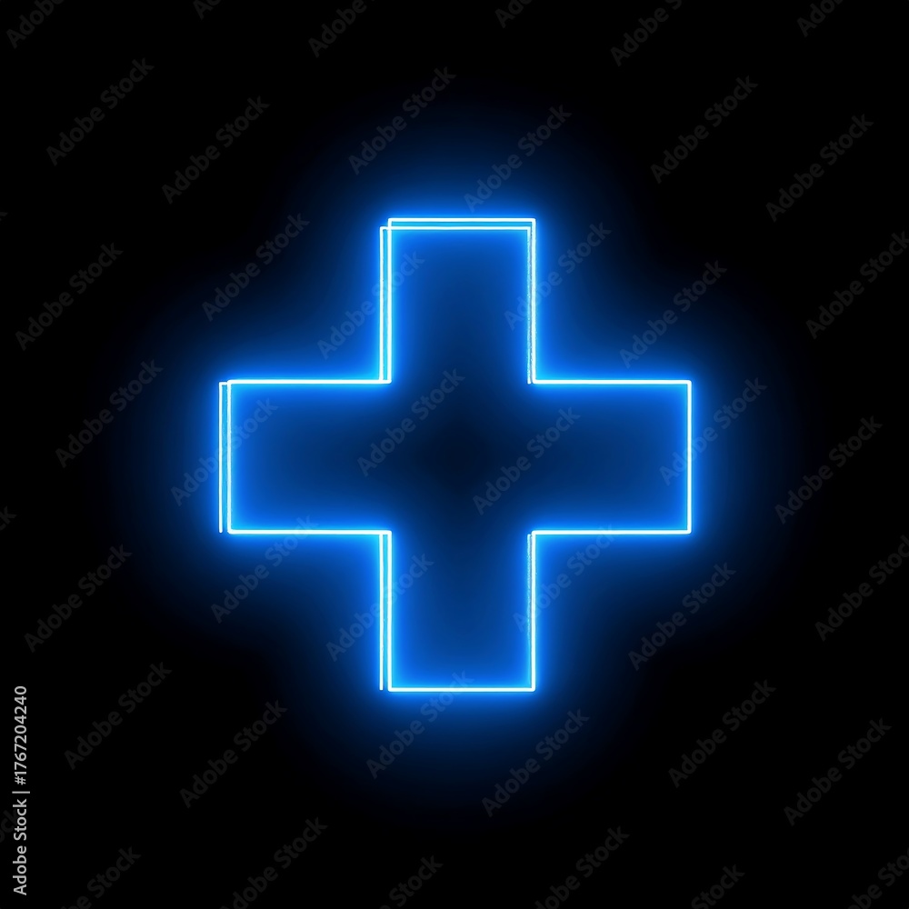 Fototapeta premium A glowing blue cross shape against a stark black background