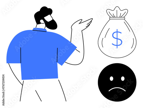 Bearded man in blue shirt gesturing toward a dollar-marked bag and sad face, communicating financial dissatisfaction. Ideal for finance, payment issues, budgeting, debt, saving, emotions