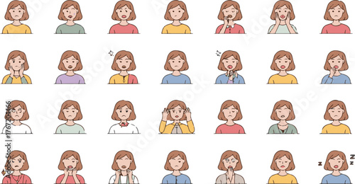 Collection of cartoon woman avatars displaying various surprised and shocked emotions isolated on white background