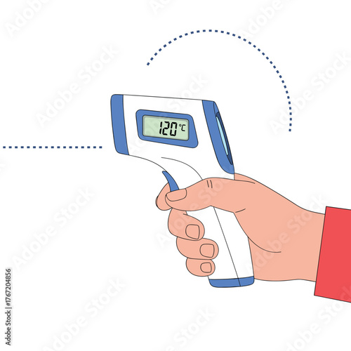 Person's hand holding a digital non-contact infrared thermometer pointing forward.