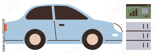 Blue car parked beside a digital charging station displaying performance data on a screen. Ideal for sustainability, electric vehicles, technology, innovation, clean energy, efficiency, progress