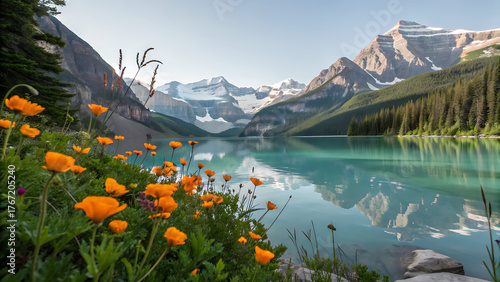 Turquoise waters of lake louise reflecting the snowcapped canadian rockies, framed by vibrant orange wildflowers and lush green forest in banff national park