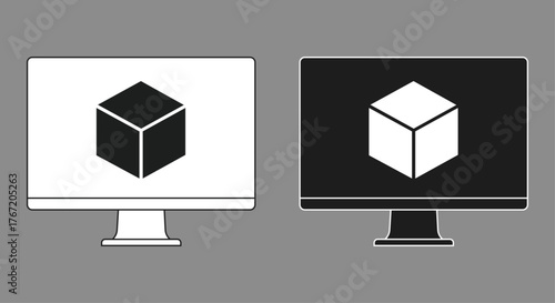 Minimal vector of paired desktop monitors in light and dark themes with an isometric cube icon. Perfect for tech branding, UI/UX headers, app landing pages, presentations, and mockups; fully editable 
