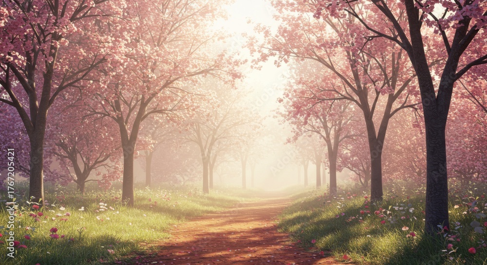 Fototapeta premium Path through a dreamy cherry blossom forest in spring