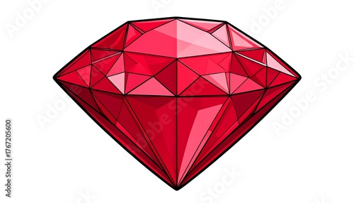 A faceted, brilliant red gem, sharply defined against a white background