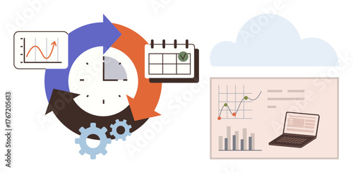 Circular workflow with clock, arrows, calendar, chart, and gears showing process improvement, data trends on laptop and cloud. Ideal for productivity, planning, analysis organization workflow