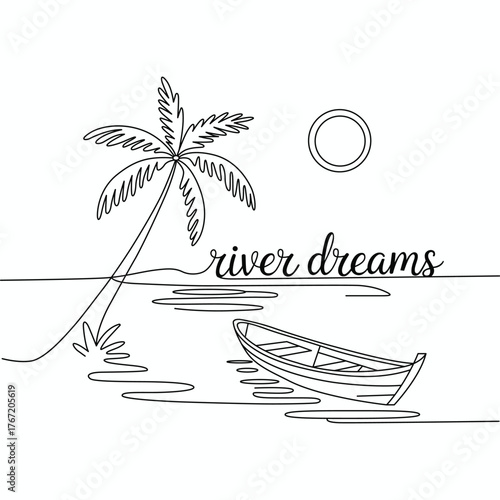 Minimalist River Dreams Line Art with Palm Tree Boat and Sun Serene Black and White Illustration for Relaxation
