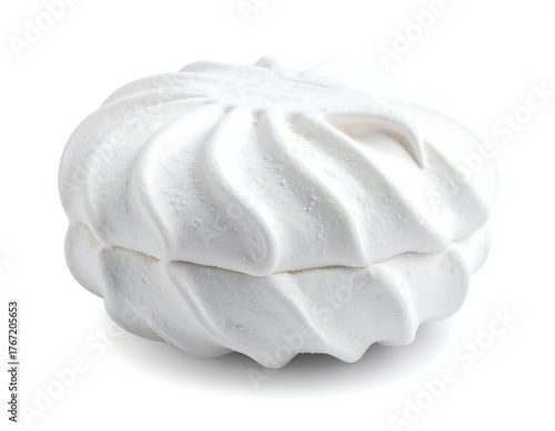 A fluffy, swirled, white confection on a clean white background