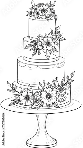 A four-tiered cake on a stand, adorned with floral decorations
