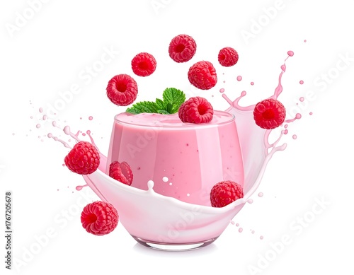 A glass of pink beverage with raspberries and milk splash