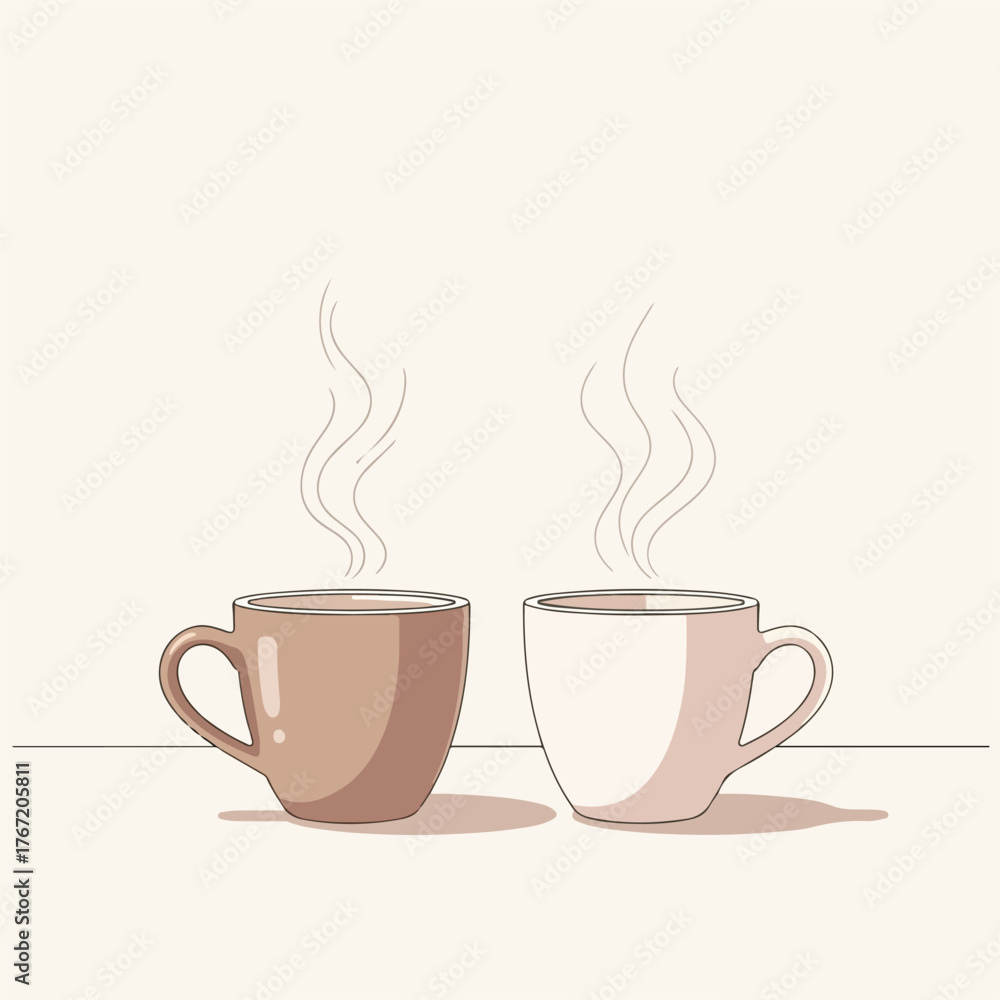 Obraz premium Two steaming cups of coffee or tea, one brown and one white, sitting side by side on a light background.