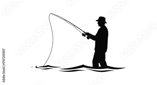 Silhouette of a fisherman wearing a hat standing in water casting a fishing rod with a bent rod