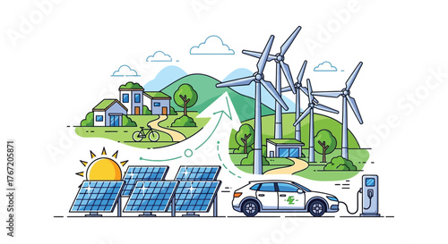 Cartoon Vector Illustration of Summer Transportation and Travel – Bus, Automobile, Vehicle, Nature Landscape, City Buildings, Eco Drive, Environment Friendly Transport, and Holiday Adventure Scene