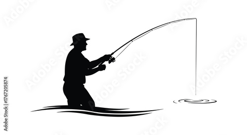 Silhouette of a lone fisherman standing in water casting a fishing rod with a bent rod indicating a catch