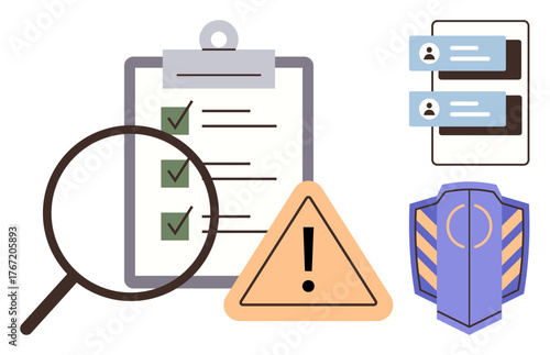 Magnifying glass over checklist, caution alert triangle, shield icon, user profiles. Ideal for security, risk management, evaluation, auditing data protection compliance analysis. Simple flat