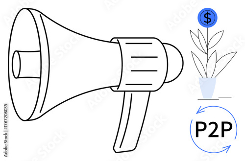 Megaphone for communication, plant symbolizing growth, dollar sign for funding, and P2P arrows for direct exchange. Ideal for crowdfunding, peer-to-peer networks, marketing, investments, support