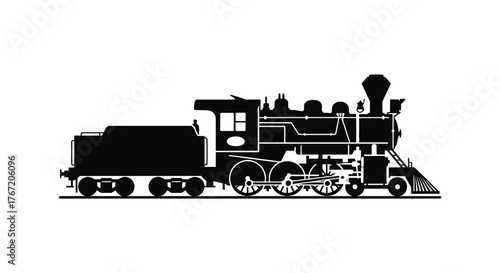 Classic black silhouette of a vintage steam locomotive on a white background representing historical transportation and industrial heritage