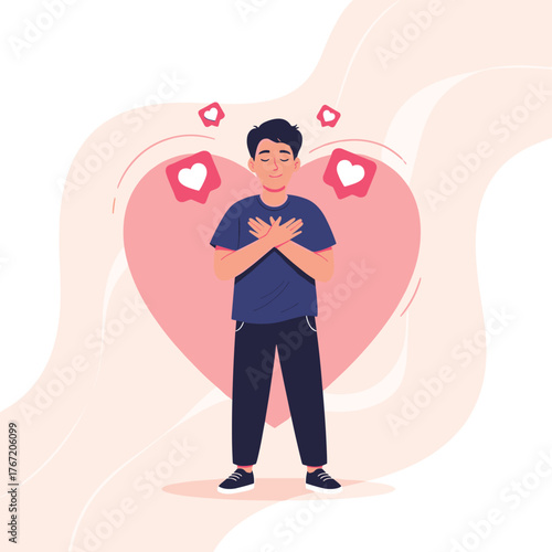 A man with arms crossed over his chest surrounded by heart-shaped social media symbols symbolizing self-love and appreciation.