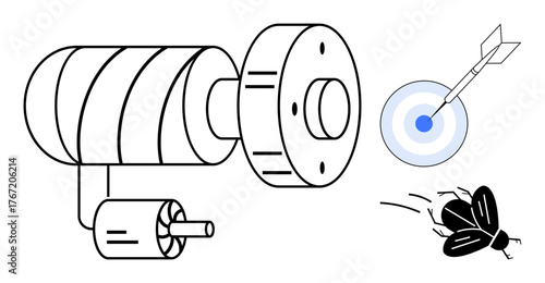 Industrial motor next to a dartboard with an arrow hitting the bullseye and a fly. Ideal for innovation, mechanics, focus, accuracy, efficiency, technology, and goal achievement. Simple flat metaphor