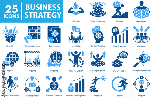 Business Strategy Icon Set in Duotone Style. Including adaptive, agility, ambition, business development, growth mindset, negotiation, marketing, creativity, leadership, teamwork, innovation