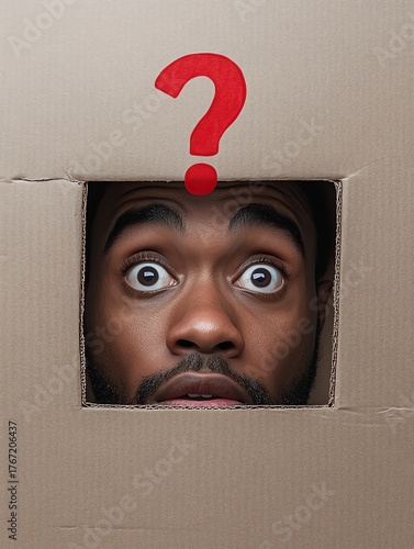 Sad and anxious black man with a red question mark above his head