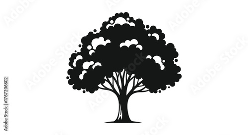Stylized silhouette of a lush deciduous tree with a full canopy against a white background