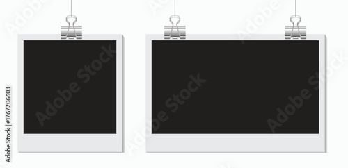 Realistic polaroid frame mockup with shiny metallic binder clips featuring blank vertical and horizontal templates for a highly-detailed, clean, modern presentation.