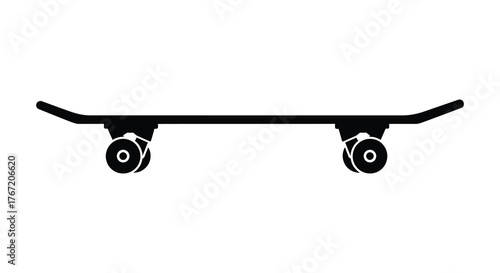 Simple black silhouette of a skateboard viewed from the side against a white background isolated graphic