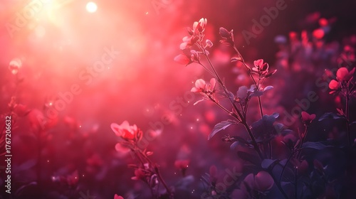 A field of pink flowers bathed in warm sunlight, creating a magical and romantic atmosphere.