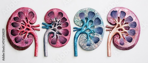 Anatomical kidney illustrations showing the organs structure with a transparent background