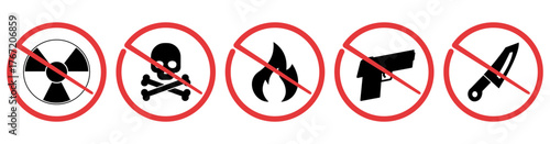 A set of danger and prohibition icons showing banned items such as radiation, poison, fire, gun, and knife, illustrated with red circles and diagonal lines.