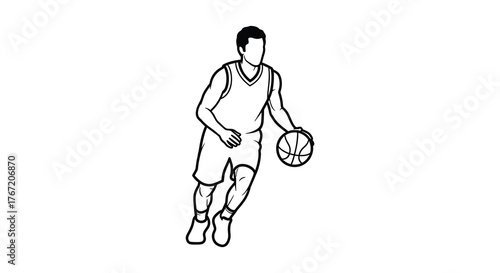 Sketch of a male basketball player dribbling the ball with one hand while running on a white background