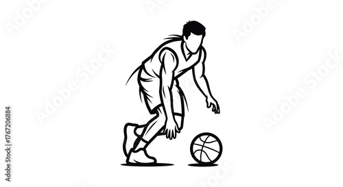 Dynamic line art illustration of a basketball player dribbling the ball with intensity and focus