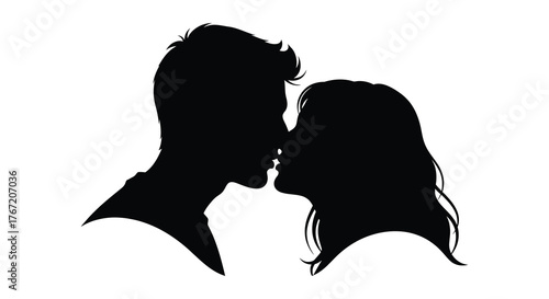 Romantic silhouette of a couple sharing a tender kiss against a white background
