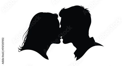 Romantic silhouette of a couple about to kiss conveying love and intimacy in a simple black and white graphic