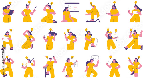 Collection of diverse cartoon women in yellow outfits performing various actions isolated on white background