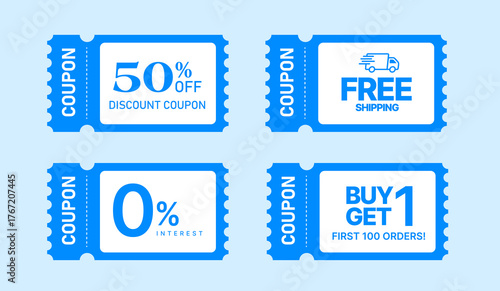 A clean blue vector illustration of four promotional coupons offering 50% discount, free shipping, 0% interest, and buy one get one deals. 3d vector illustration. Vector illustration