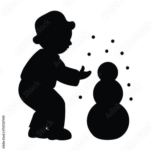 Child building snowman with snowballs winter fun cartoon