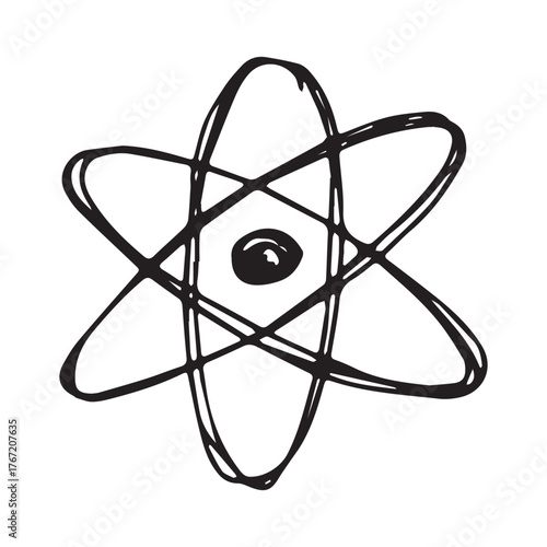 Hand drawn atom sign Molecule clipart in doodle style Single element for print, web, design, decor Symbol of science, education, nuclear energy, scientific research, molecular chemistry