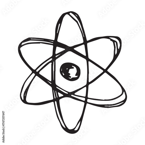 Hand drawn atom sign Molecule clipart in doodle style Single element for print, web, design, decor Symbol of science, education, nuclear energy, scientific research, molecular chemistry