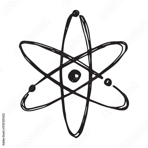 Hand drawn atom sign Molecule clipart in doodle style Single element for print, web, design, decor Symbol of science, education, nuclear energy, scientific research, molecular chemistry