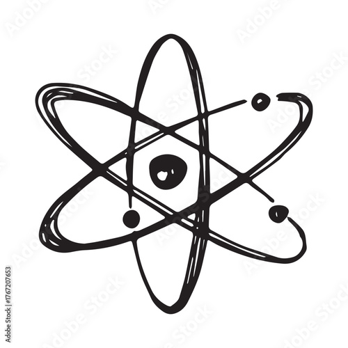 Hand drawn atom sign Molecule clipart in doodle style Single element for print, web, design, decor Symbol of science, education, nuclear energy, scientific research, molecular chemistry