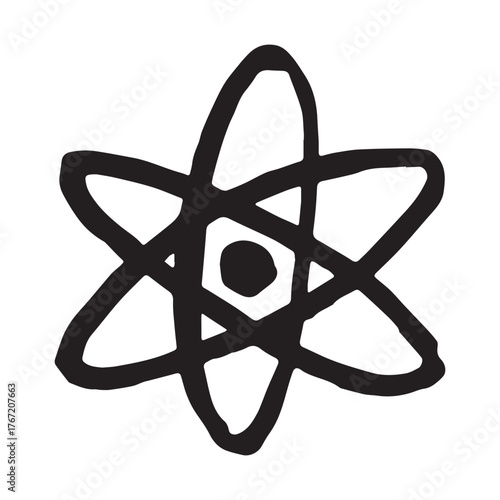 Hand drawn atom sign Molecule clipart in doodle style Single element for print, web, design, decor Symbol of science, education, nuclear energy, scientific research, molecular chemistry