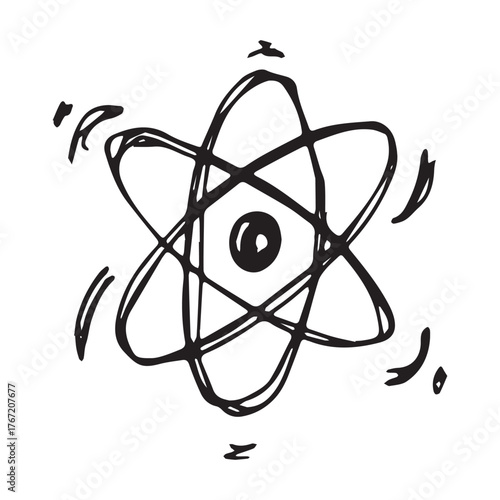 Hand drawn atom sign Molecule clipart in doodle style Single element for print, web, design, decor Symbol of science, education, nuclear energy, scientific research, molecular chemistry