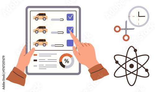 Hands selecting car preferences on tablet with checkboxes and analytics charts. Includes clock, scissors, and atom icons. Ideal for decision-making, analysis, science, time management, automobile