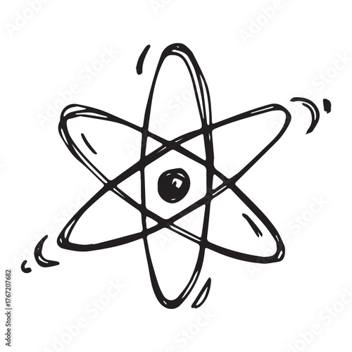 Hand drawn atom sign Molecule clipart in doodle style Single element for print, web, design, decor Symbol of science, education, nuclear energy, scientific research, molecular chemistry