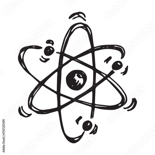 Hand drawn atom sign Molecule clipart in doodle style Single element for print, web, design, decor Symbol of science, education, nuclear energy, scientific research, molecular chemistry