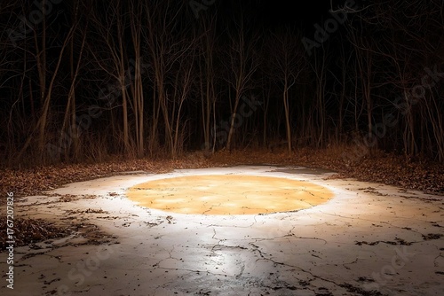 Illuminated Circular Patch on Frozen Ground Surrounded by Dark Trees at Night